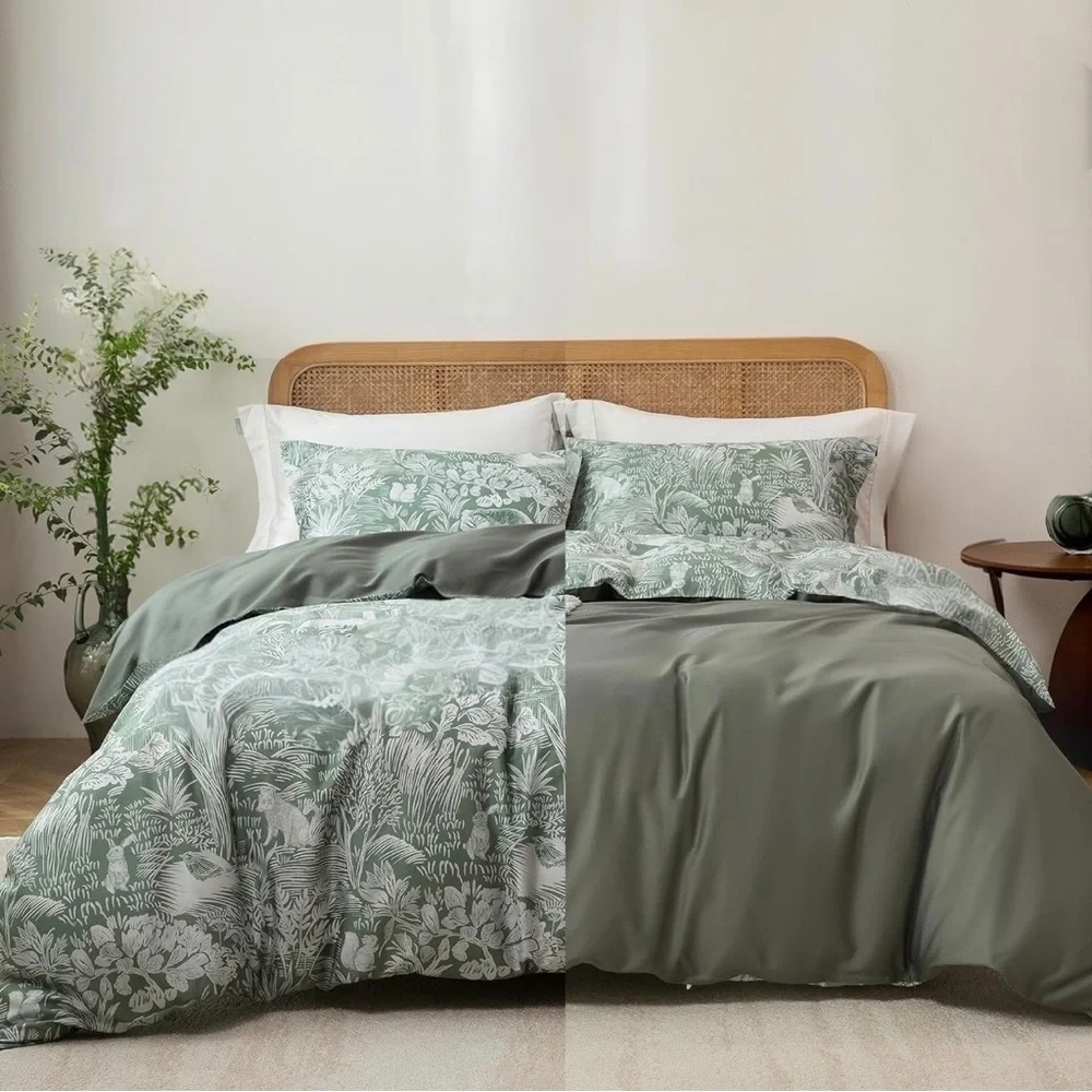 NEW Anthro Green Floral Botanical Full Queen King Cotton Bedding Duvet Sham Set